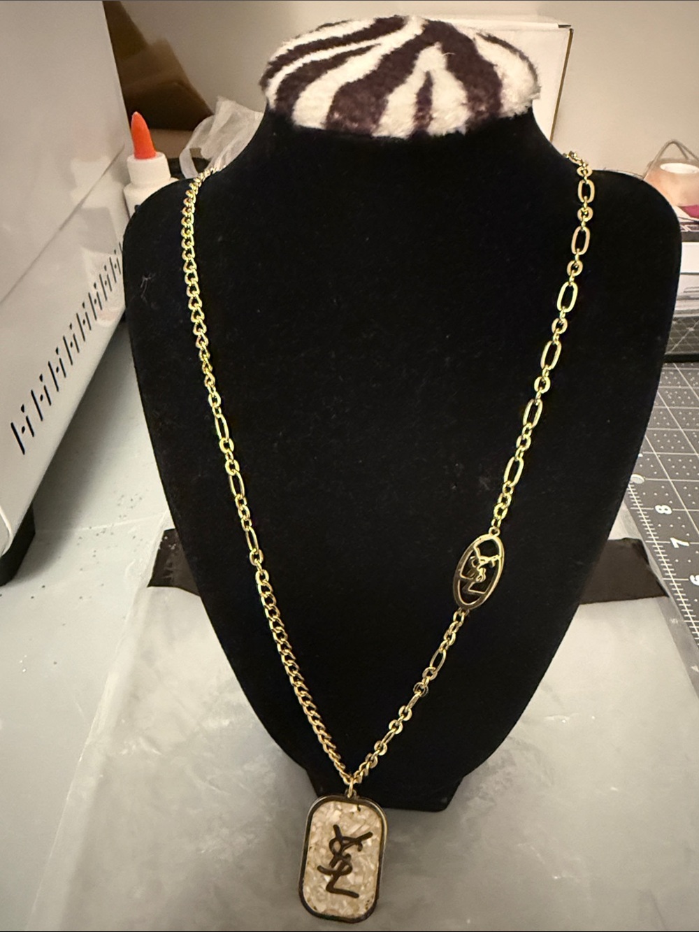 Yves Saint Laurent Gold Tone Pendant Logo Long Necklace